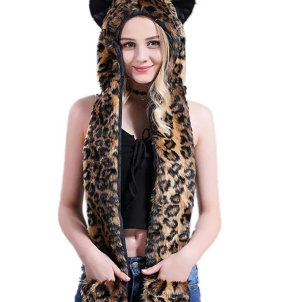 leopard print hat with paws
